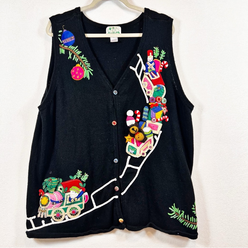 Vtg. Quacker Factory Christmas Cardigan Sweater‎ 3X Knit 3D Embroidered Bauble